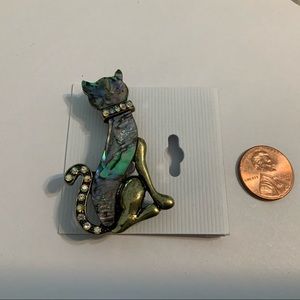 Pretty Sitting Cat Abalone Shell and Austrian Crystal Pewter Pin